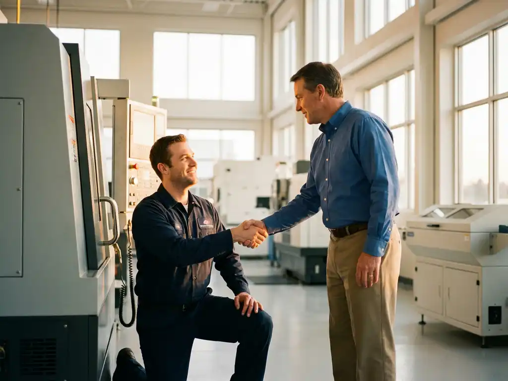 Servicetechniker und Fabrikleiter geben sich die Hand neben einer Industriemaschine in moderner Produktionshalle