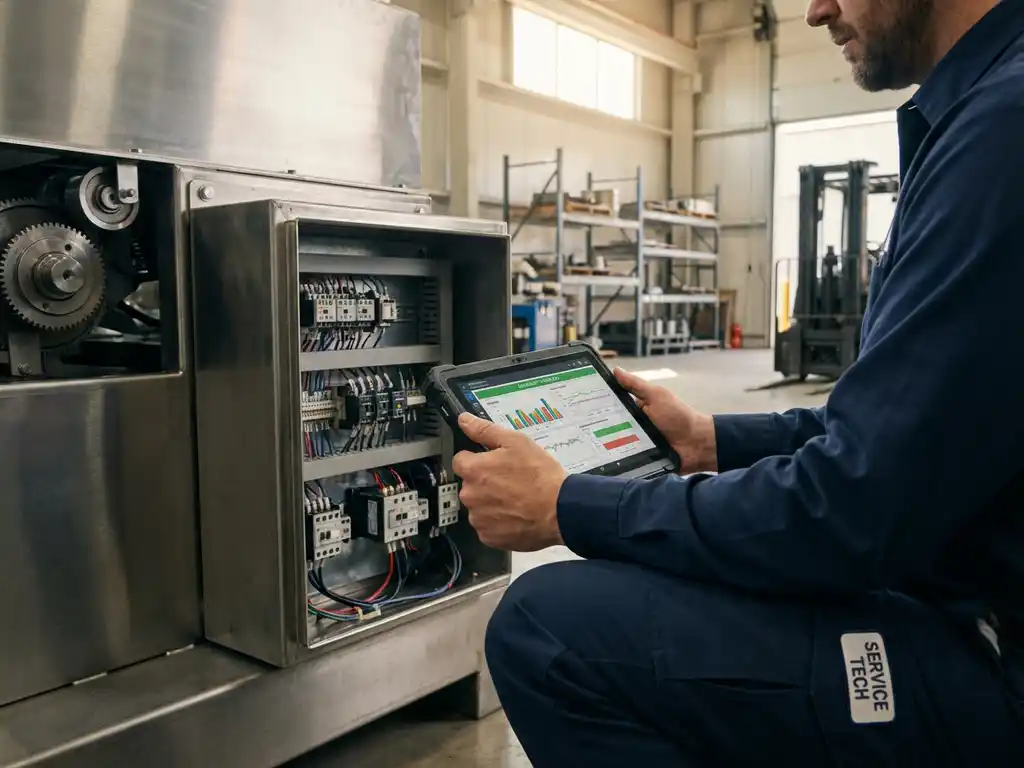 Servicetechniker mit Tablet analysiert Diagnosedaten neben geöffnetem Maschinenpanel in moderner Produktionshalle