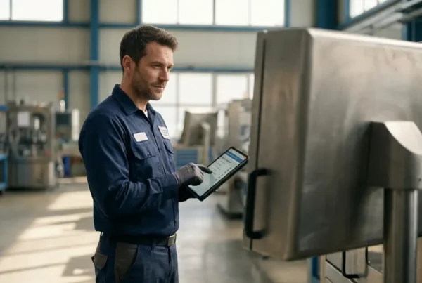 Servicetechniker prüft Qualitätscheckliste auf Tablet neben Industriemaschine in moderner Fabrikhalle