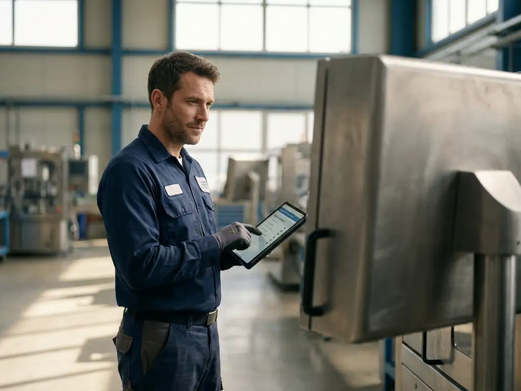 Servicetechniker prüft Qualitätscheckliste auf Tablet neben Industriemaschine in moderner Fabrikhalle