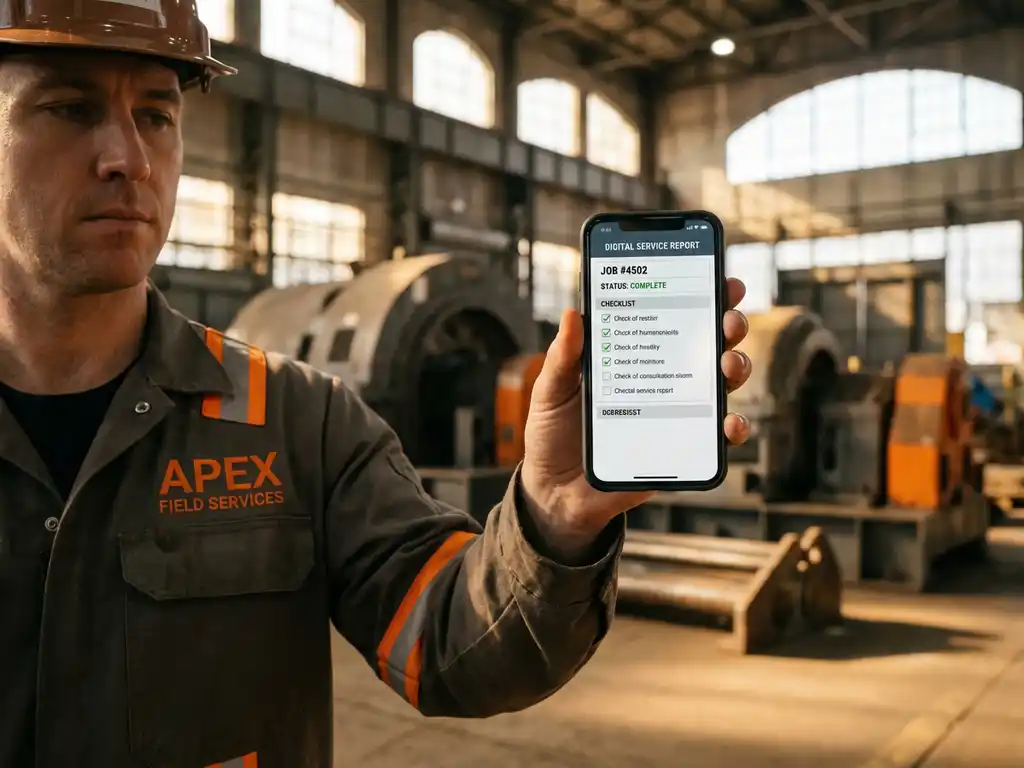 Servicetechniker mit Smartphone zeigt digitalen Servicebericht in Industriehalle mit Maschinen im Hintergrund