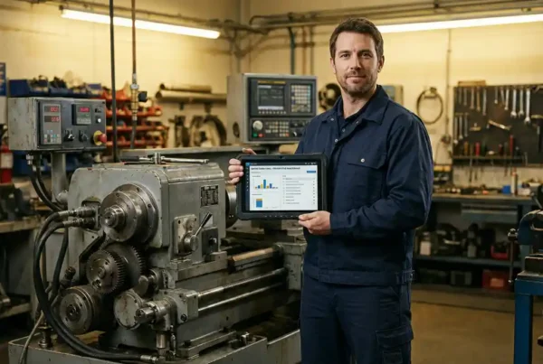 Servicetechniker mit Tablet vor Industriemaschine in Werkstatt mit warmem Licht