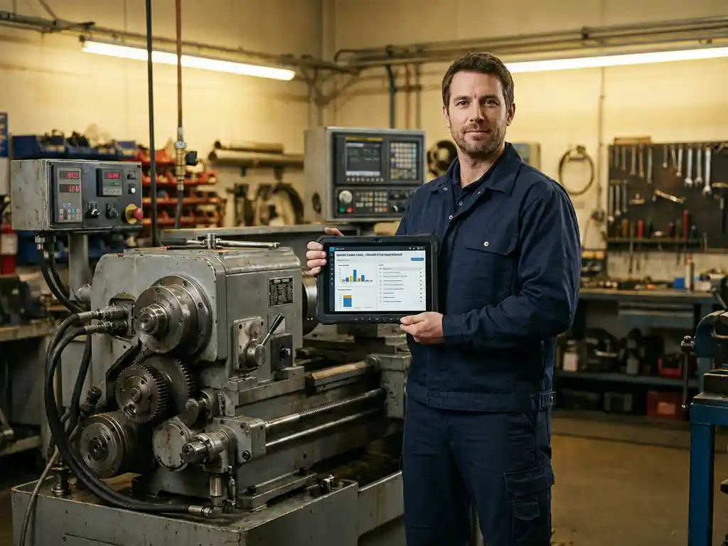 Servicetechniker mit Tablet vor Industriemaschine in Werkstatt mit warmem Licht