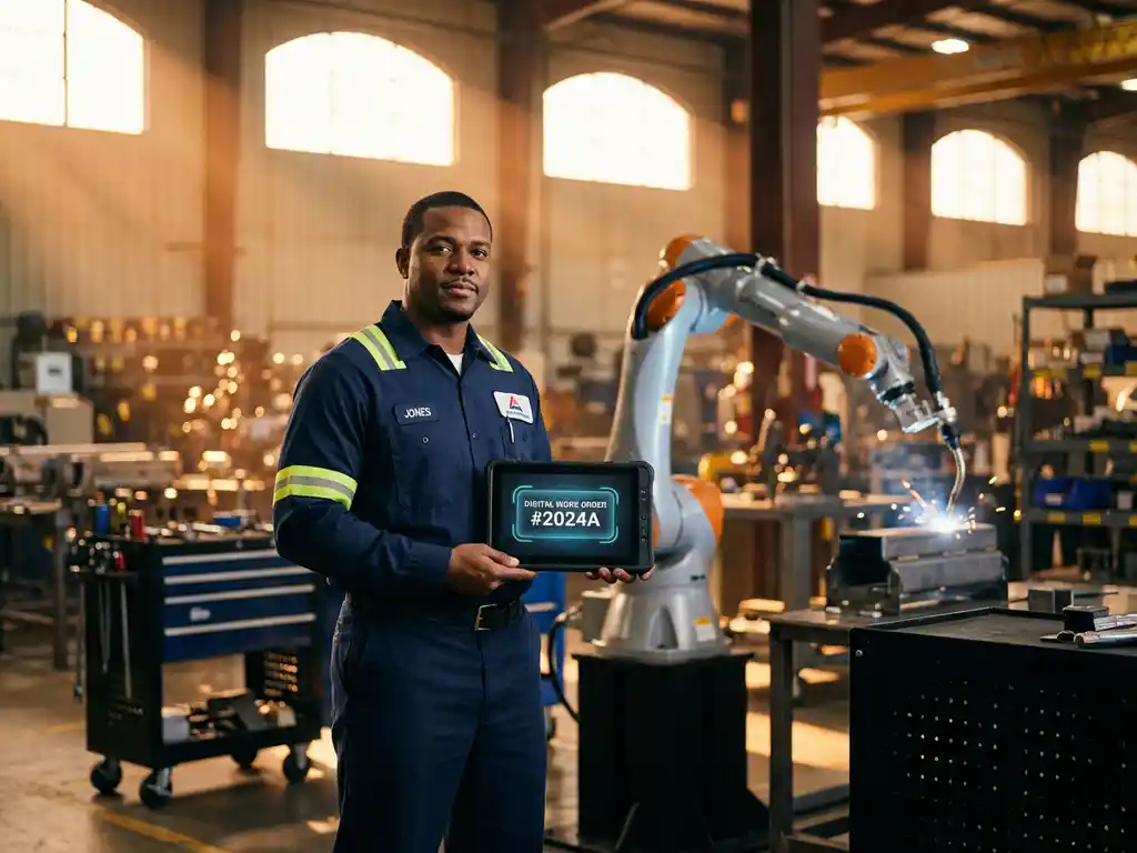 Servicetechniker mit Tablet und digitalem Arbeitsauftrag in moderner Industriehalle mit Roboterarm im Hintergrund