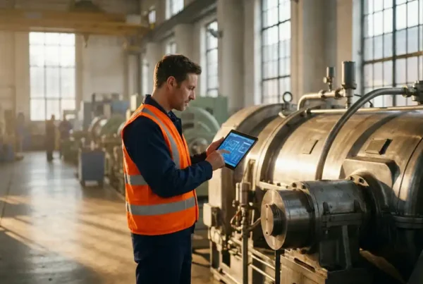 Servicetechniker mit Warnweste und Tablet neben Industriemaschine in moderner Fabrikhalle mit Tageslicht