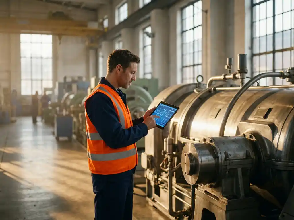 Servicetechniker mit Warnweste und Tablet neben Industriemaschine in moderner Fabrikhalle mit Tageslicht