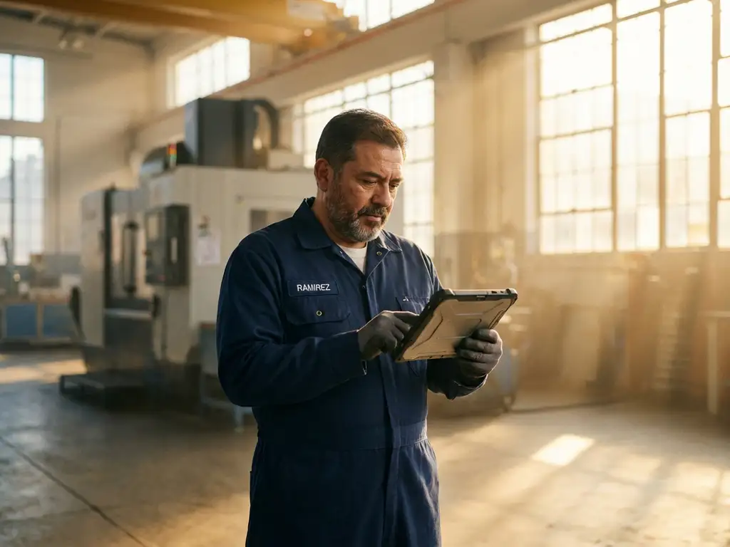 Servicetechniker mit Tablet vor Industriemaschine in heller Fabrikhalle mit Sonnenlicht