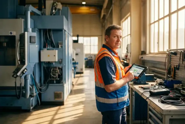 Servicetechniker mit Warnweste und Tablet neben Industriemaschine in Fabrikhalle mit Werkbank und Diagnosegeräten