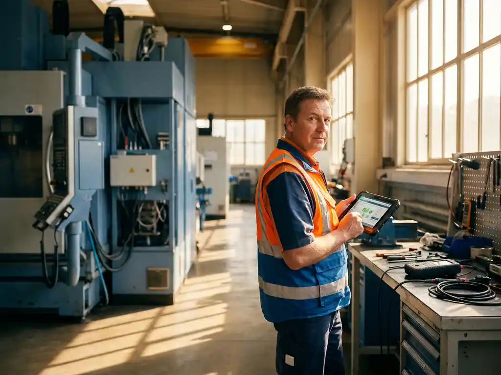 Servicetechniker mit Warnweste und Tablet neben Industriemaschine in Fabrikhalle mit Werkbank und Diagnosegeräten