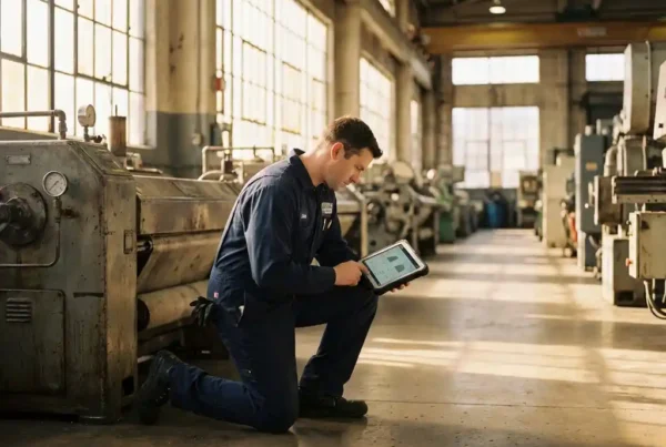 Servicetechniker kniet neben Industriemaschine und nutzt Tablet in heller Fabrikhalle mit Fertigungsanlagen