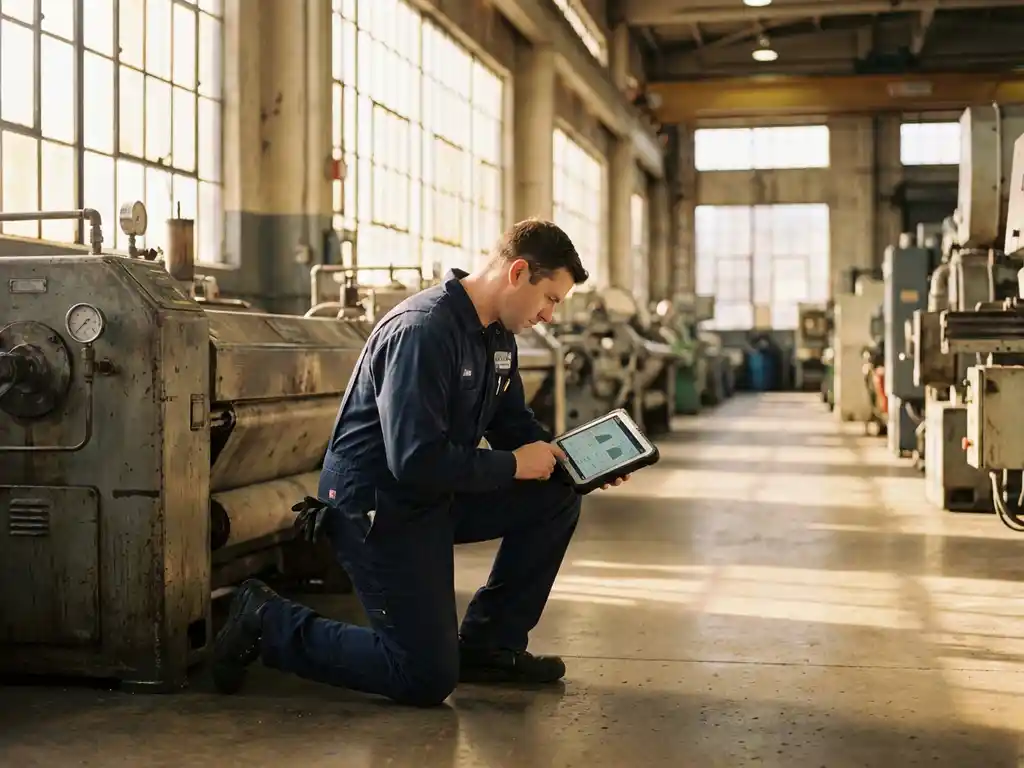 Servicetechniker kniet neben Industriemaschine und nutzt Tablet in heller Fabrikhalle mit Fertigungsanlagen