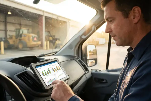 Servicetechniker analysiert Leistungsdaten mit Tablet im Servicefahrzeug, Industrieanlage im Hintergrund