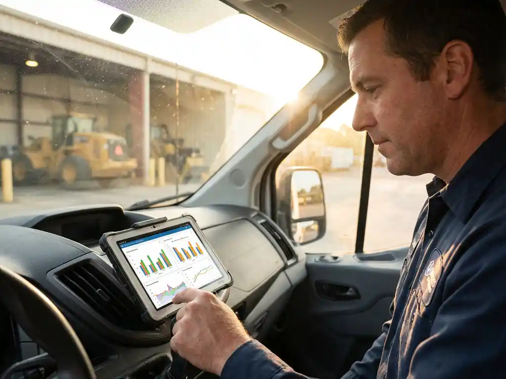 Servicetechniker analysiert Leistungsdaten mit Tablet im Servicefahrzeug, Industrieanlage im Hintergrund