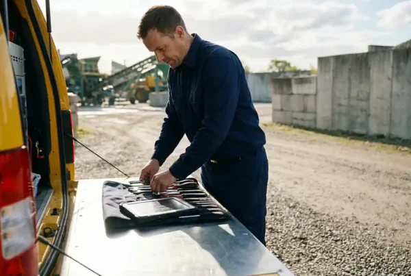 Servicetechniker organisiert Werkzeuge und Tablet am geöffneten Heck eines gelben Transporters bei Morgenlicht
