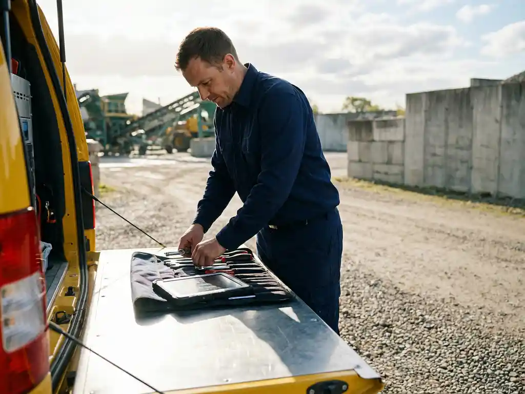Servicetechniker organisiert Werkzeuge und Tablet am geöffneten Heck eines gelben Transporters bei Morgenlicht