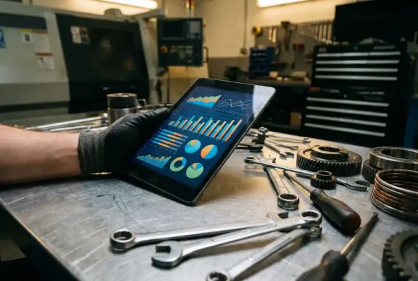 Servicetechniker hält Tablet mit farbigen Dashboard-Diagrammen über Werkbank mit Präzisionswerkzeugen und Maschinenteilen