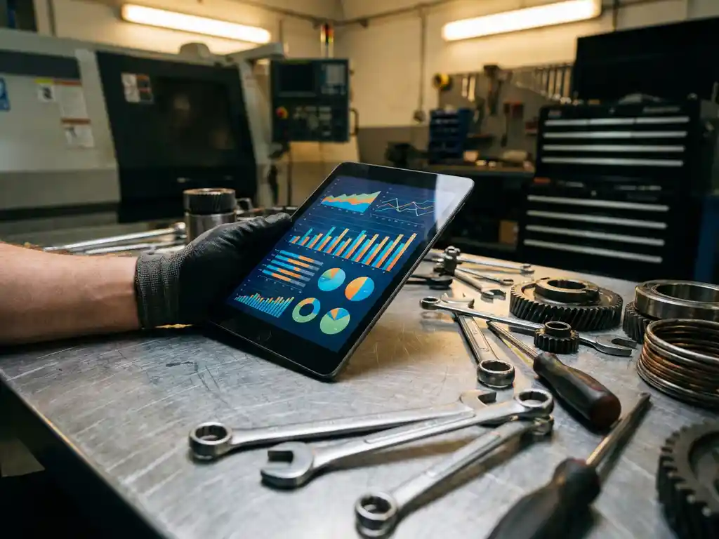 Servicetechniker hält Tablet mit farbigen Dashboard-Diagrammen über Werkbank mit Präzisionswerkzeugen und Maschinenteilen