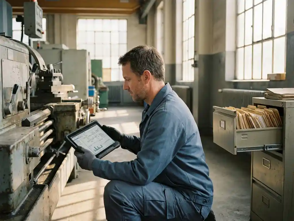 Servicetechniker kniet mit Tablet neben Fertigungsmaschine, während Aktenschrank mit Papierordnern im Hintergrund steht