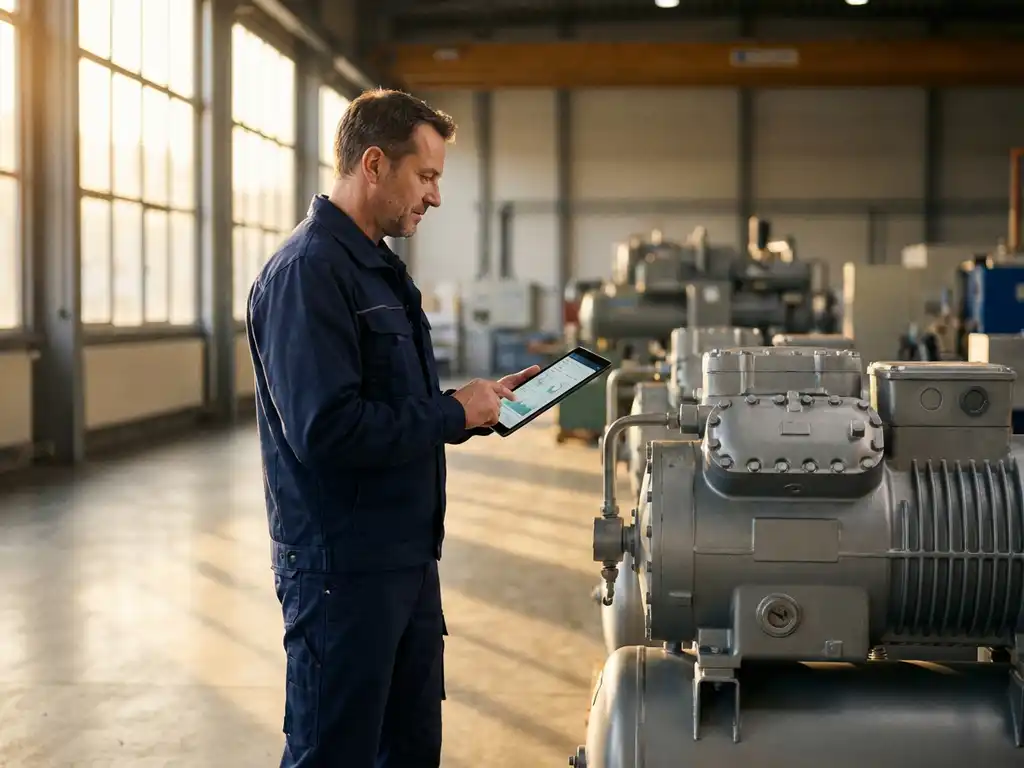 Servicetechniker mit Tablet neben Industriemaschine in moderner Fabrikhalle mit natürlichem Lichteinfall