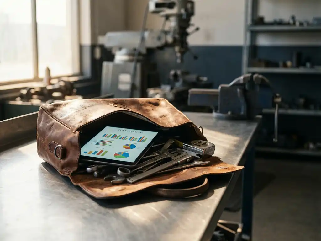 Offene Lederwerkzeugtasche mit Tablet, Schraubenschlüsseln und Messwerkzeugen auf Werkbank in Industriewerkstatt