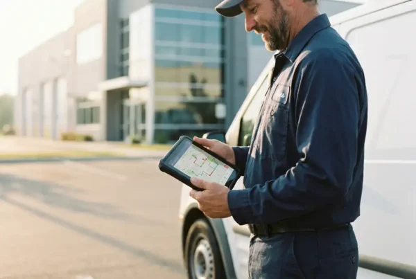 Servicetechniker prüft digitale Routenkarte auf Tablet neben Servicefahrzeug vor Industriegebäude im Morgenlicht