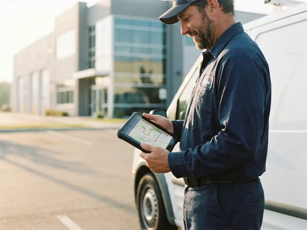 Servicetechniker prüft digitale Routenkarte auf Tablet neben Servicefahrzeug vor Industriegebäude im Morgenlicht