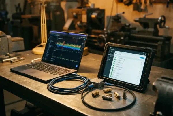 Laptop mit Daten-Dashboards und Tablet mit Checklisten, verbunden durch Ethernet-Kabel auf Metallwerkbank in Werkstatt