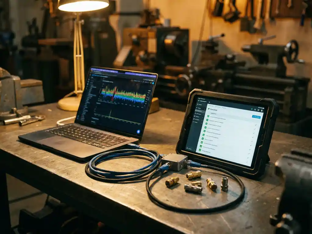 Laptop mit Daten-Dashboards und Tablet mit Checklisten, verbunden durch Ethernet-Kabel auf Metallwerkbank in Werkstatt