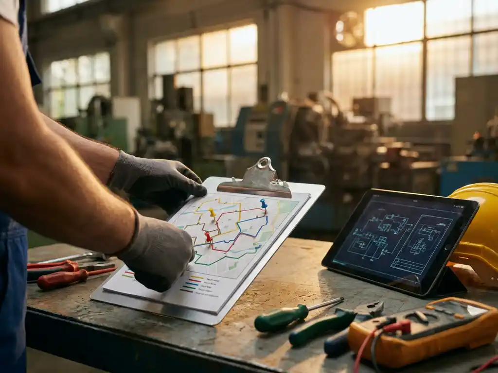 Außendiensttechniker plant Serviceroute auf Klemmbrett mit Tablet, Werkzeugen und Schutzhelm auf Werkbank