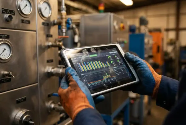 Servicetechniker hält Tablet mit Datendiagrammen vor Industriemaschinen mit Messgeräten in Werkstatt