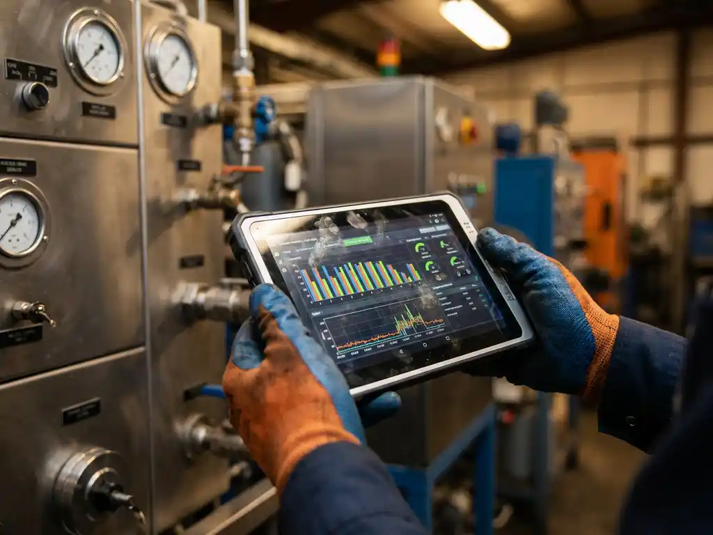Servicetechniker hält Tablet mit Datendiagrammen vor Industriemaschinen mit Messgeräten in Werkstatt