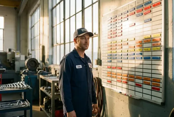 Servicetechniker in Marineblau-Uniform prüft Terminplanungstafel mit bunten Magnetblöcken in Industriewerkstatt