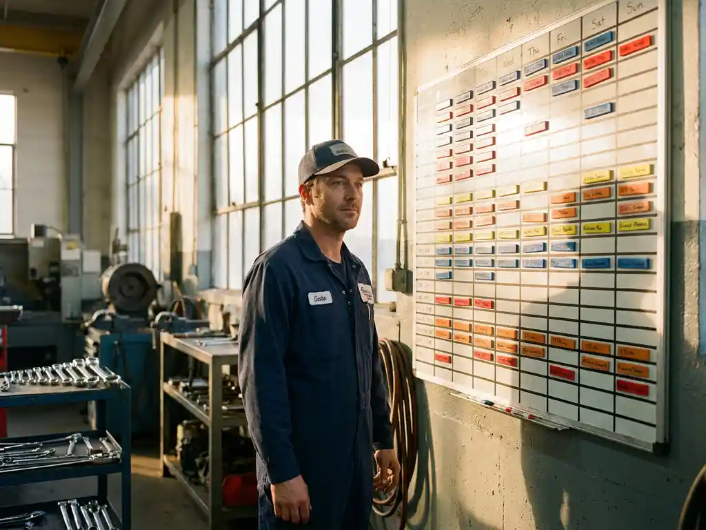 Servicetechniker in Marineblau-Uniform prüft Terminplanungstafel mit bunten Magnetblöcken in Industriewerkstatt