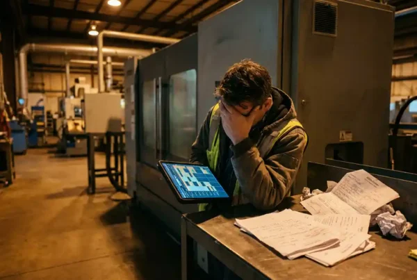 Außendiensttechniker mit Tablet neben Industriemaschine, umgeben von Papierarbeitsaufträgen auf Werkbank in Fabrikhalle