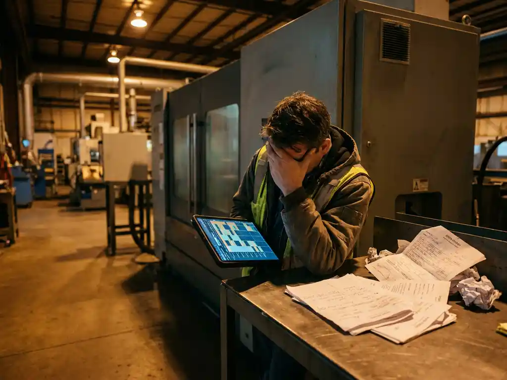 Außendiensttechniker mit Tablet neben Industriemaschine, umgeben von Papierarbeitsaufträgen auf Werkbank in Fabrikhalle