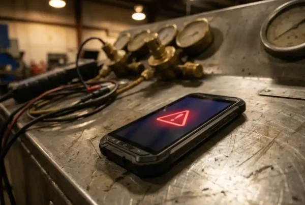 Smartphone mit roter Warnmeldung auf Industrieschaltpult neben Manometern und Diagnosekabeln in Werkstatt
