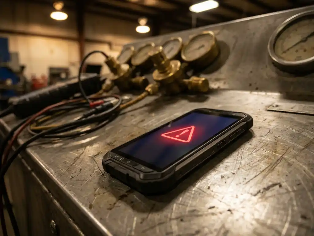 Smartphone mit roter Warnmeldung auf Industrieschaltpult neben Manometern und Diagnosekabeln in Werkstatt