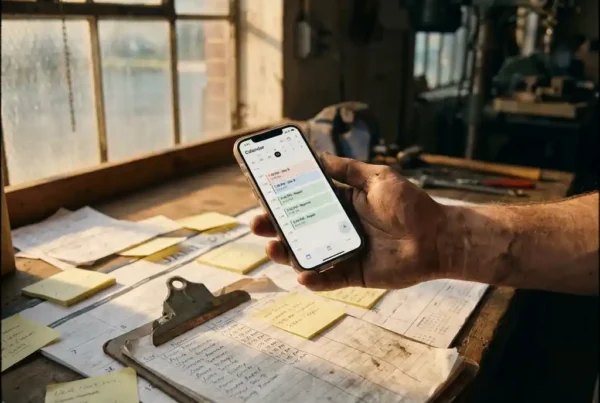 Außendiensttechniker hält Smartphone mit digitalem Terminkalender über Schreibtisch voller Papierkalender und Notizzettel
