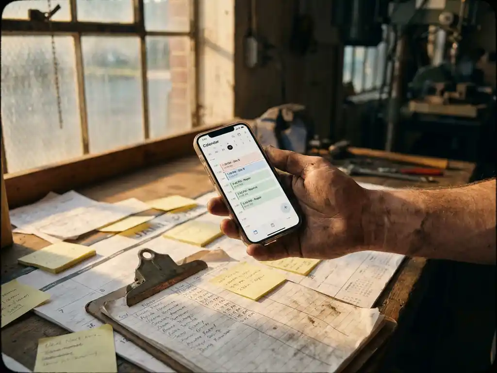 Außendiensttechniker hält Smartphone mit digitalem Terminkalender über Schreibtisch voller Papierkalender und Notizzettel
