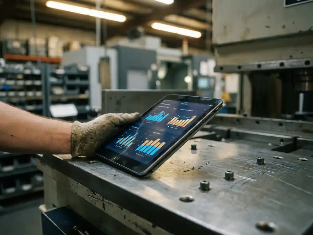 Servicetechniker hält Tablet mit Datendiagrammen auf Industriemaschine in Produktionshalle