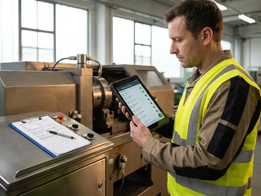 Servicetechniker mit Tablet prüft Checkliste neben Industriemaschine in Fabrikhalle, Compliance-Dokumente auf Klemmbrett