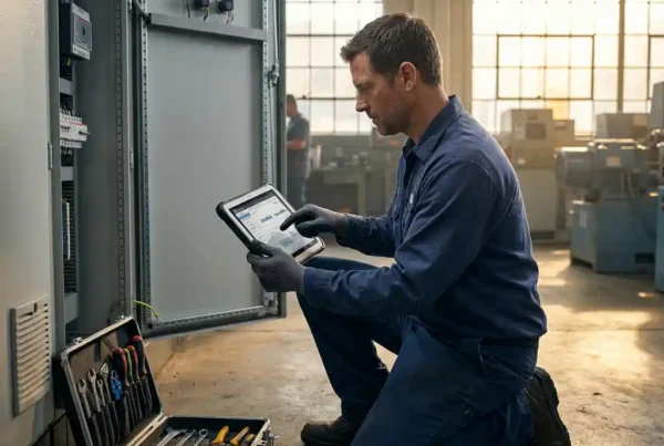Servicetechniker kniet vor offener Maschinenklappe mit Tablet zur Fehlerdiagnose in Produktionshalle