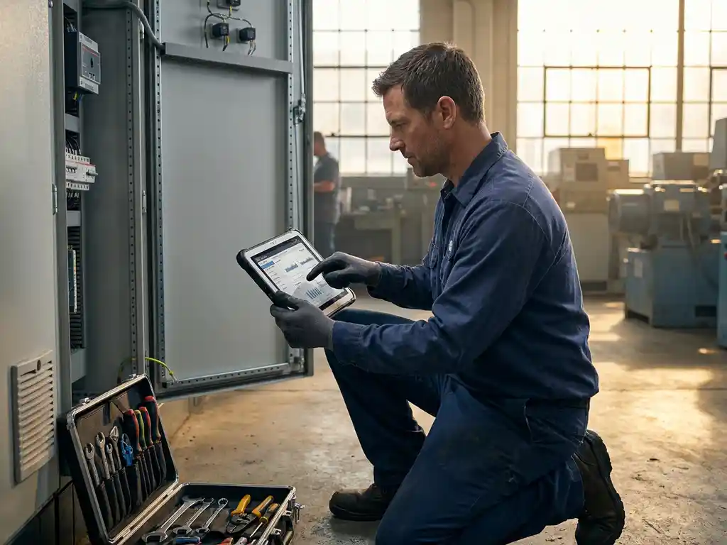Servicetechniker kniet vor offener Maschinenklappe mit Tablet zur Fehlerdiagnose in Produktionshalle