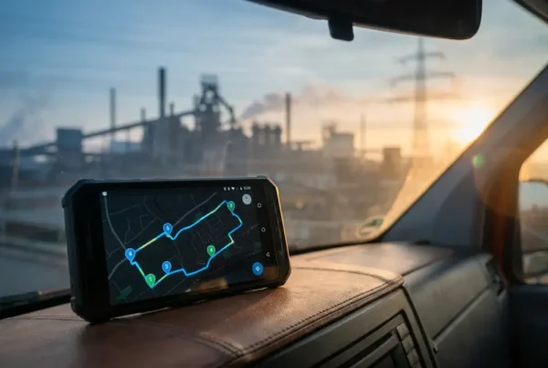 Smartphone mit digitaler Routenplanung auf dem Armaturenbrett eines Servicefahrzeugs vor deutscher Industrielandschaft im Morgenlicht