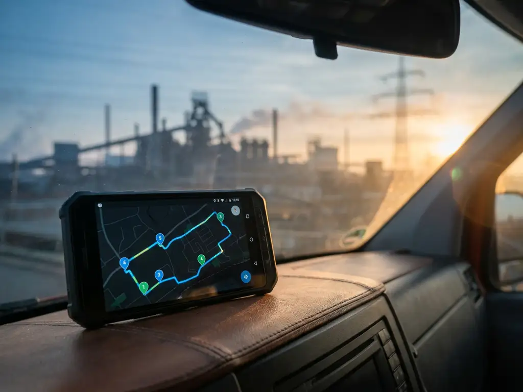 Smartphone mit digitaler Routenplanung auf dem Armaturenbrett eines Servicefahrzeugs vor deutscher Industrielandschaft im Morgenlicht