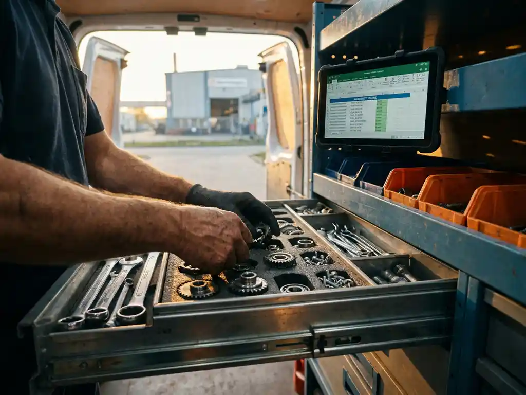 Servicetechniker organisiert Metallersatzteile in modularem Schubladensystem eines Servicefahrzeugs, Tablet zeigt Inventardaten