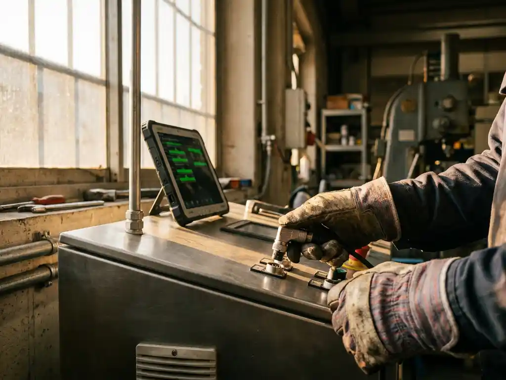 Servicetechniker verbindet Sensorkabel mit Industriesteuerung, goldenes Nachmittagslicht beleuchtet Metalloberflächen