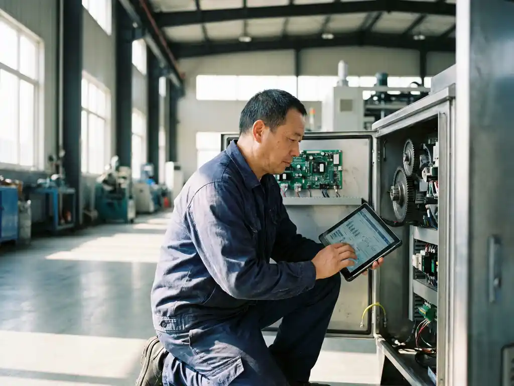 Servicetechniker mit Tablet analysiert offenes Maschinenpanel in heller Fabrikhalle mit Sonnenlicht