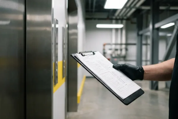 Techniker mit Handschuh hält Wartungscheckliste vor Aufzugstür aus Edelstahl in modernem Industriegebäude