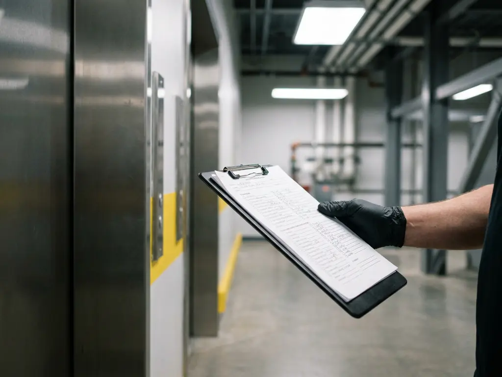 Techniker mit Handschuh hält Wartungscheckliste vor Aufzugstür aus Edelstahl in modernem Industriegebäude
